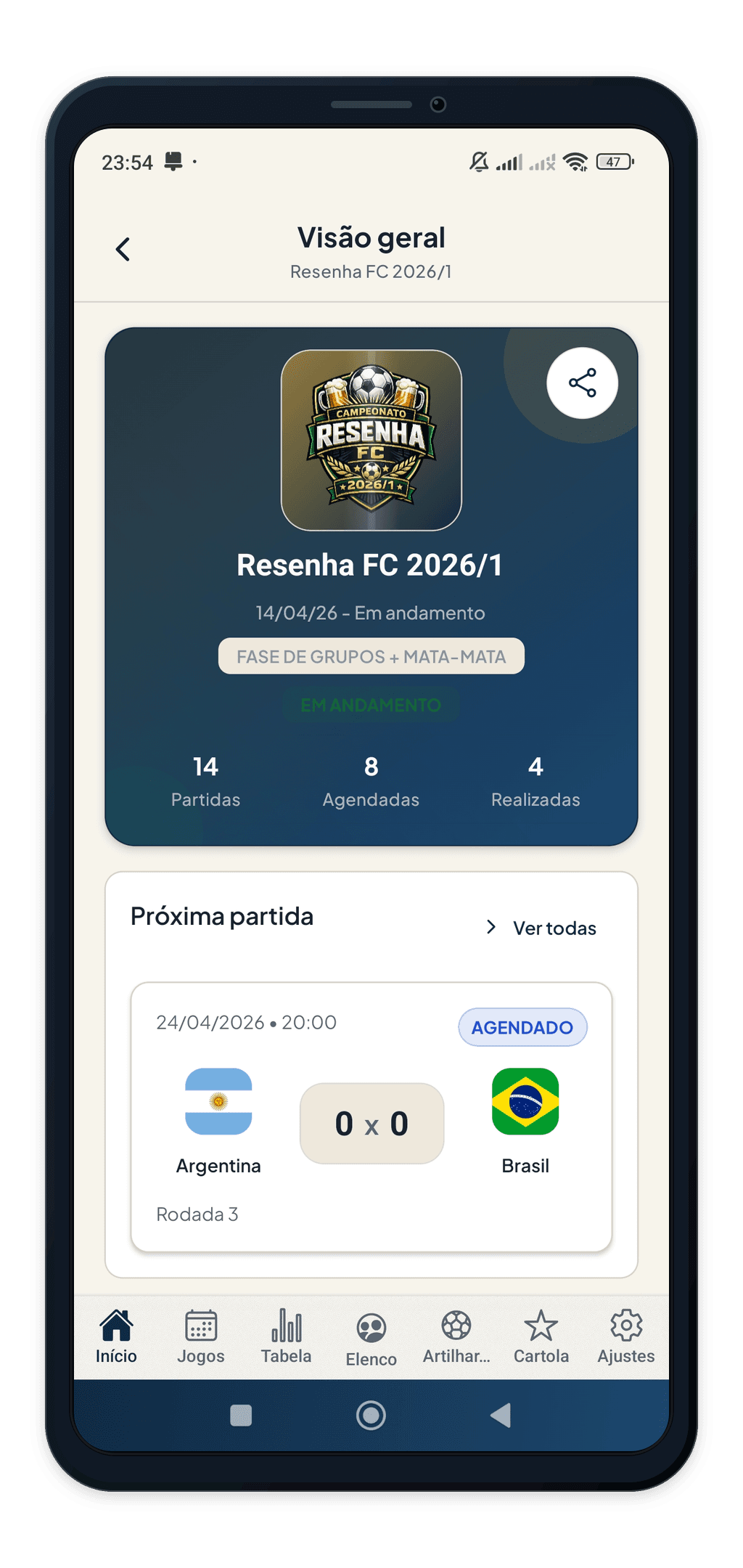 Mockup do app Copa Fut: publicação oficial do campeonato