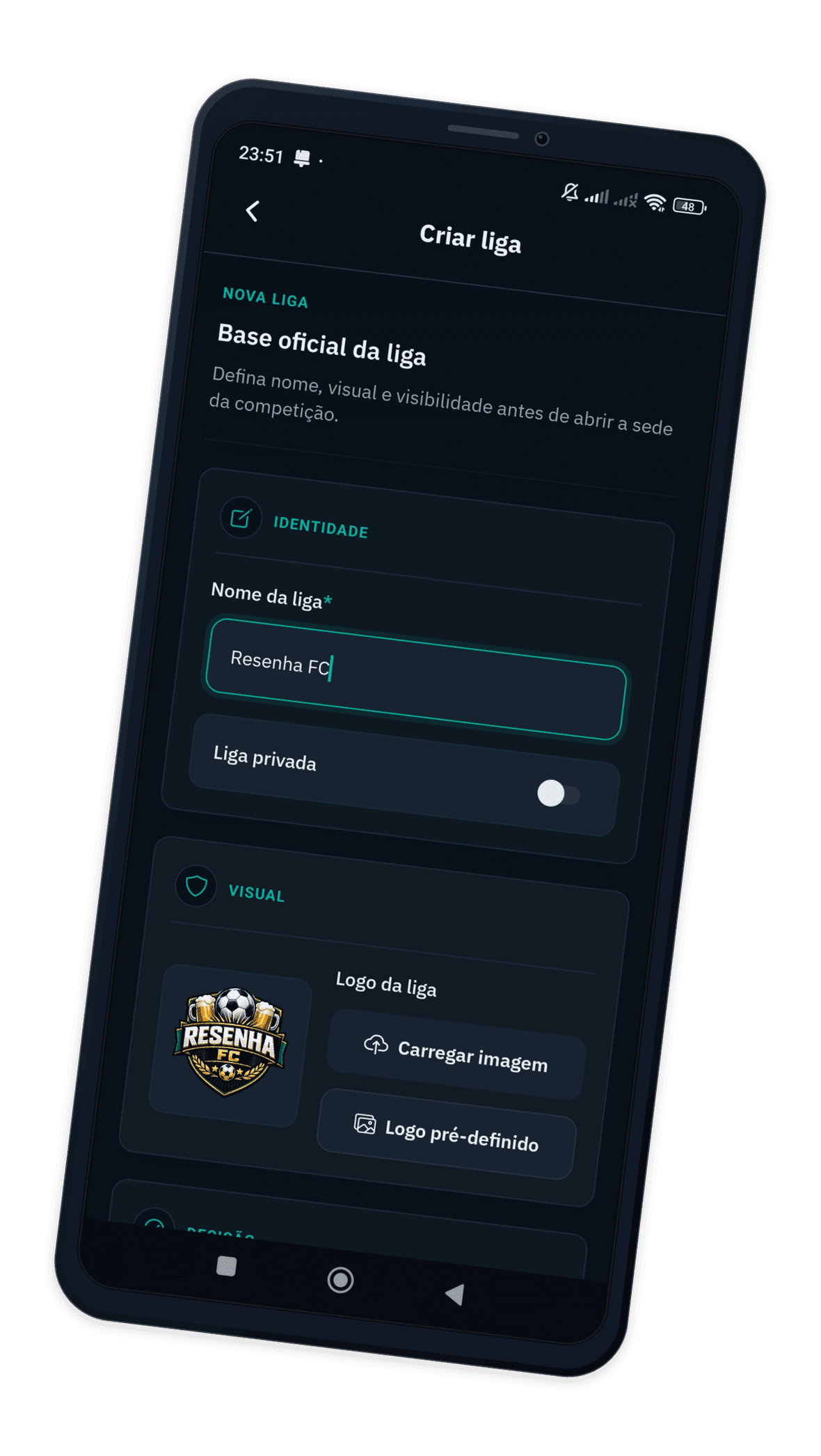 Mockup do app Copa Fut: championship setup guide