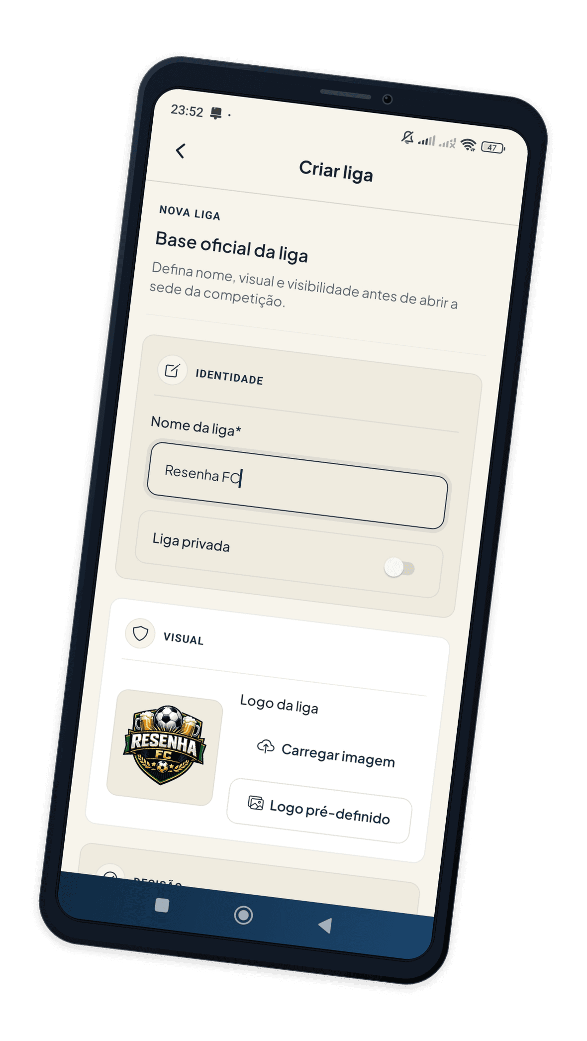Mockup do app Copa Fut: championship setup guide