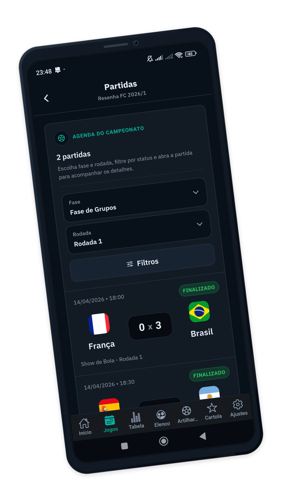 Mockup do app Copa Fut: guia de súmula digital