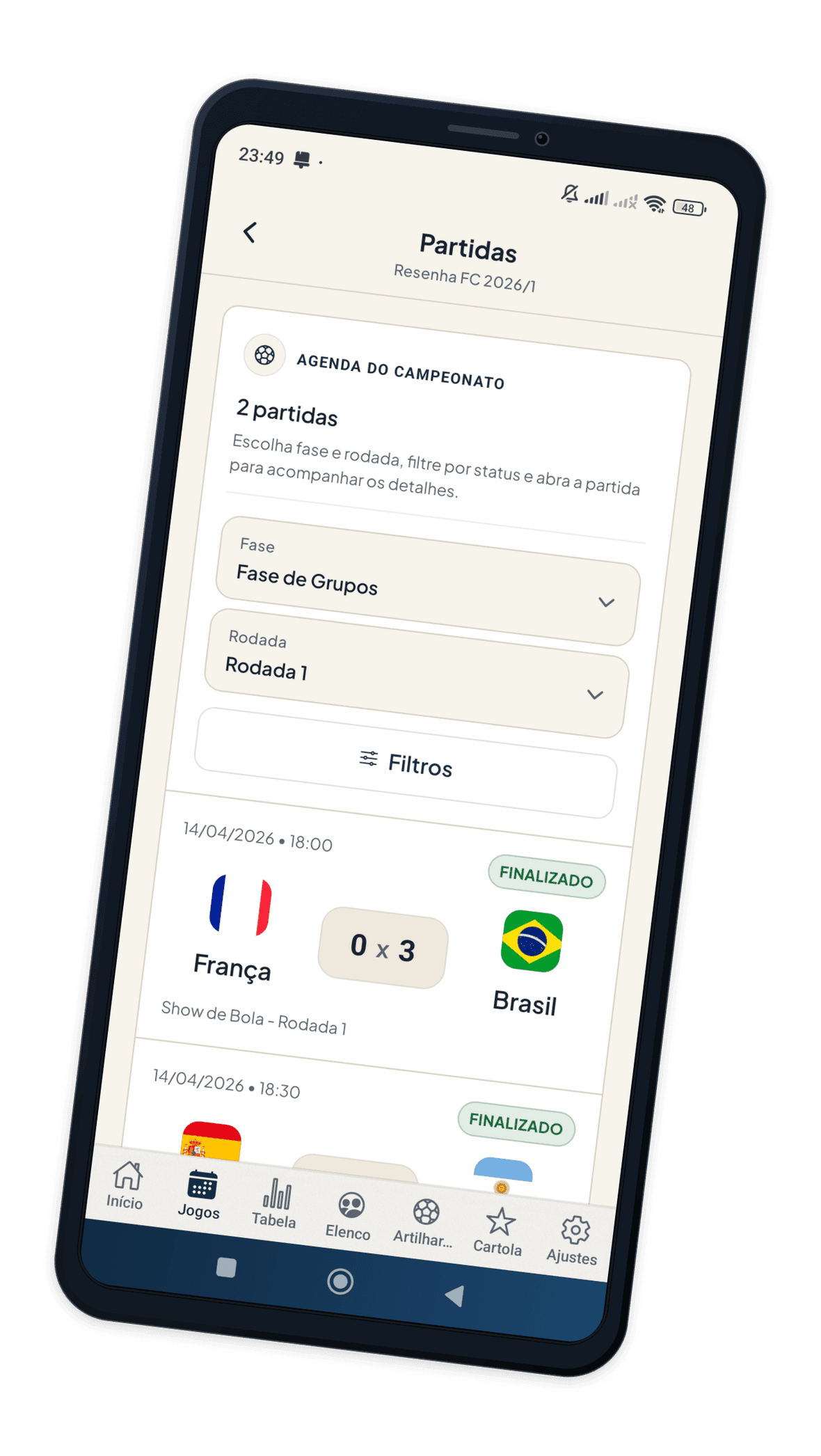 Mockup do app Copa Fut: guia de súmula digital
