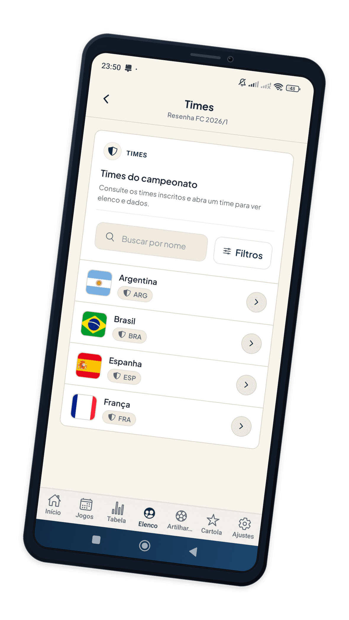 Mockup do app Copa Fut: times e inscrições